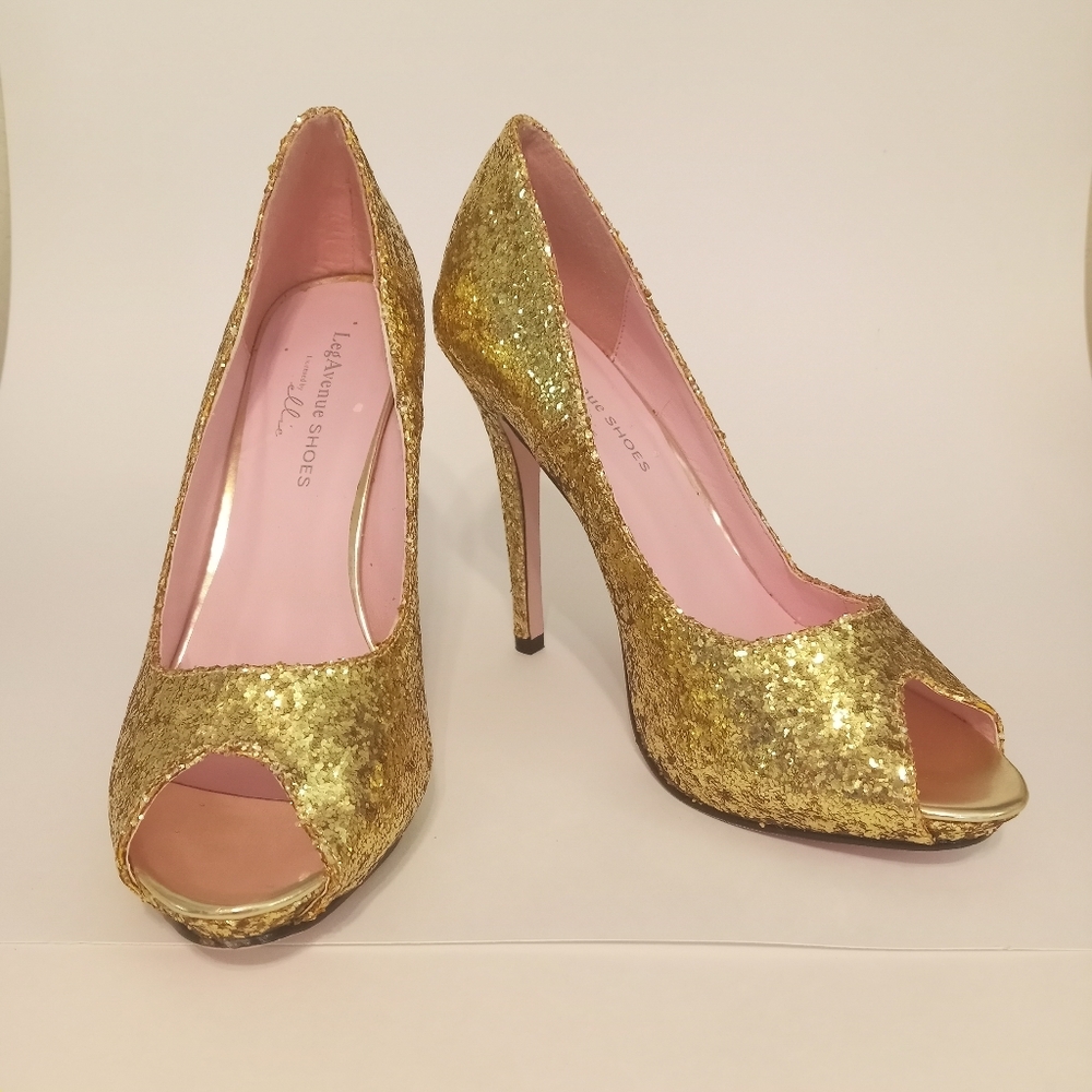 LEG AVENUE 5 inch Open Toe Glitter Pump Size 8 Gold Pink Heels